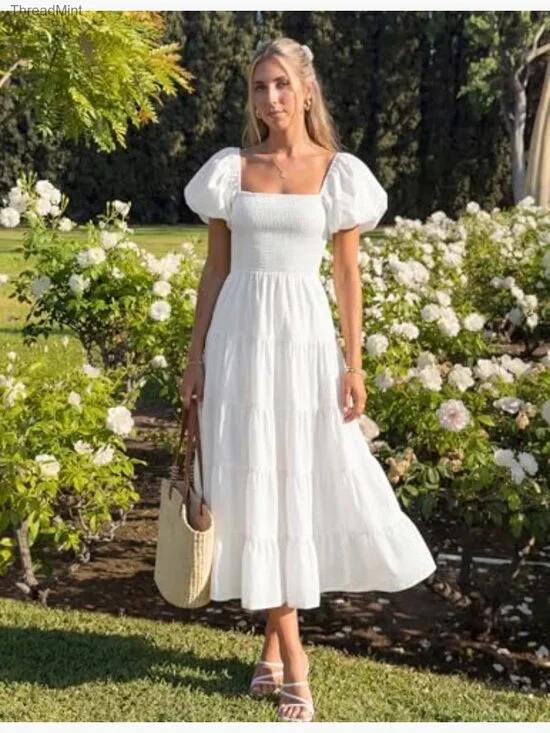 Summer Square Neck Puff Sleeve Smocked Midi Dress High Waist Flowy Tiered - Picture 6 of 7